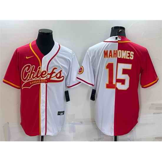 Men Kansas City Chiefs #15 Patrick Mahomes Red White Split With Patch Cool Base Stitched Baseball Jersey