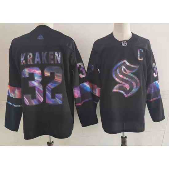 Men Seattle Kraken #32 Kraken Black Iridescent Holographic Authentic Jersey