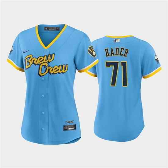 Women Milwaukee Brewers #71 Josh Hader 2022 Powder Blue City Connect Cool Base Stitched Jersey 28Run Small 29->women mlb jersey->Women Jersey