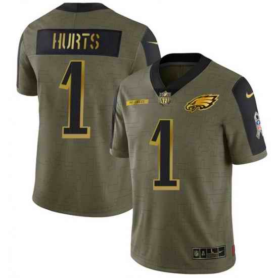 Men Philadelphia Eagles #1 Jalen Hurts 2021 Olive Camo Salute To Service Golden Limited Stitched Jersey