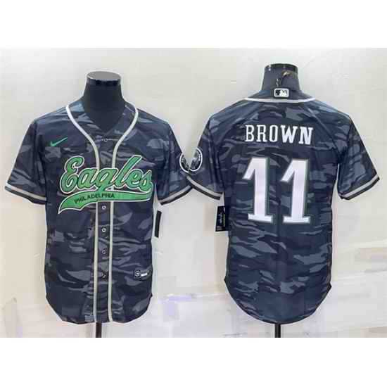 Men Philadelphia Eagles #11 A  J  Brown Grey Camo With Patch Cool Base Stitched Baseball Jersey