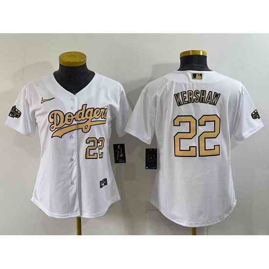 Women Los Angeles Dodgers #22 Clayton Kershaw 2022 All Star White Stitched Baseball Jersey 28Run Small 29