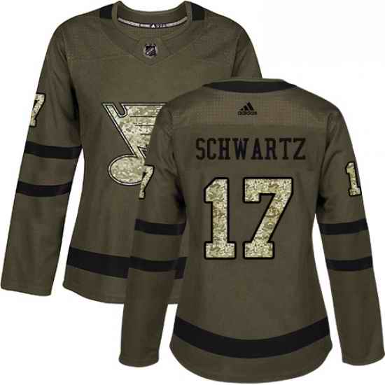 Womens Adidas St Louis Blues #17 Jaden Schwartz Authentic Green Salute to Service NHL Jersey