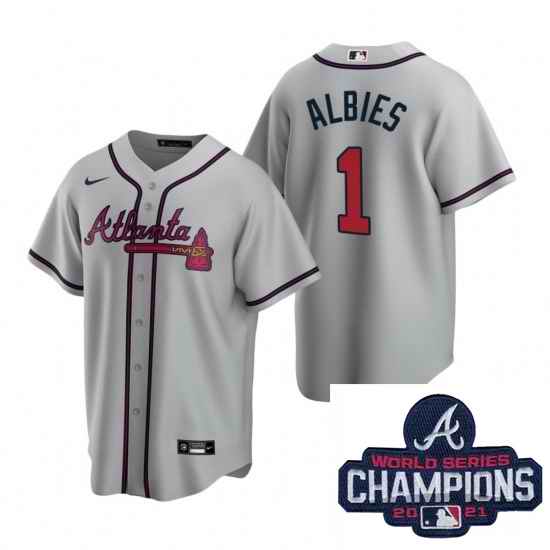 Men Nike Atlanta Braves #1 Ozzie Albies Gray Road Stitched Baseball Stitched MLB 2021 Champions Patch Jersey->2021 world series->MLB Jersey