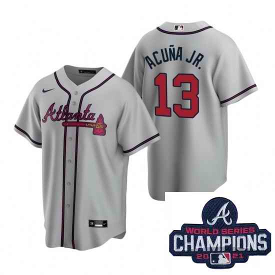 Men Nike Atlanta Braves #13 Ronald Acuna Jr Gray Road Stitched Baseball Stitched MLB 2021 Champions Patch Jersey->2021 world series->MLB Jersey