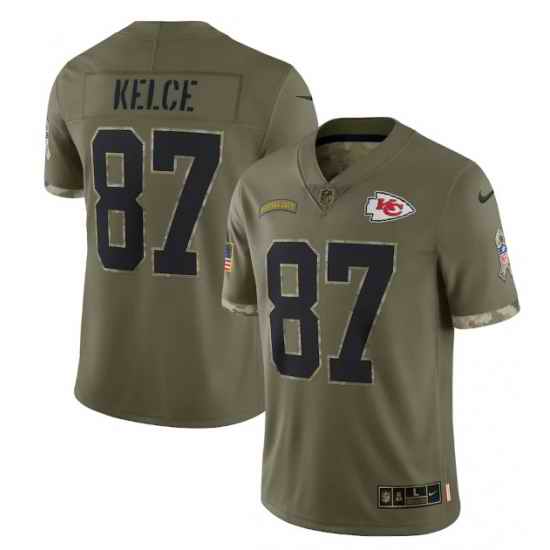 Men Kansas City Chiefs #87 Travis Kelce Olive 2022 Salute To Service Limited Stitched Jersey
