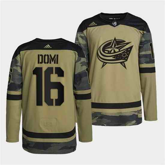 Men Columbus Blue Jackets #16 Max Domi 2022 Camo Military Appreciation Night Stitched jersey->columbus blue jackets->NHL Jersey