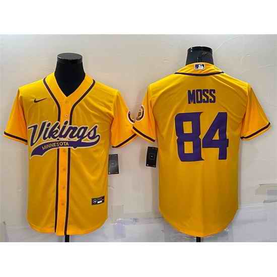 Men Minnesota Vikings #84 Randy Moss Gold With Patch Cool Base Stitched Baseball Jersey