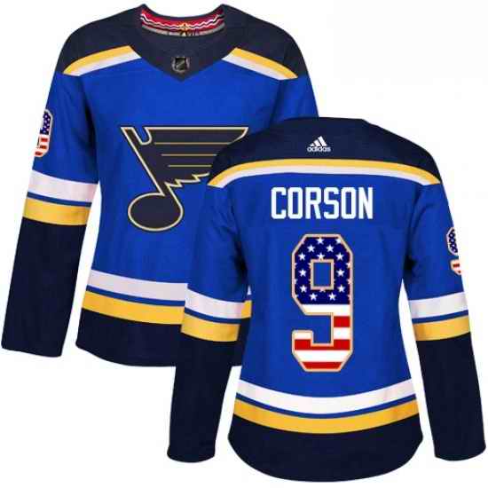 Womens Adidas St Louis Blues #9 Shayne Corson Authentic Blue USA Flag Fashion NHL Jersey