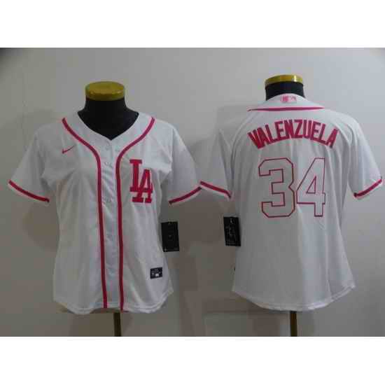 Women Los Angeles Dodgers #34 Toro Valenzuela Pink White Stitched Baseball Jersey 28Run Small 2