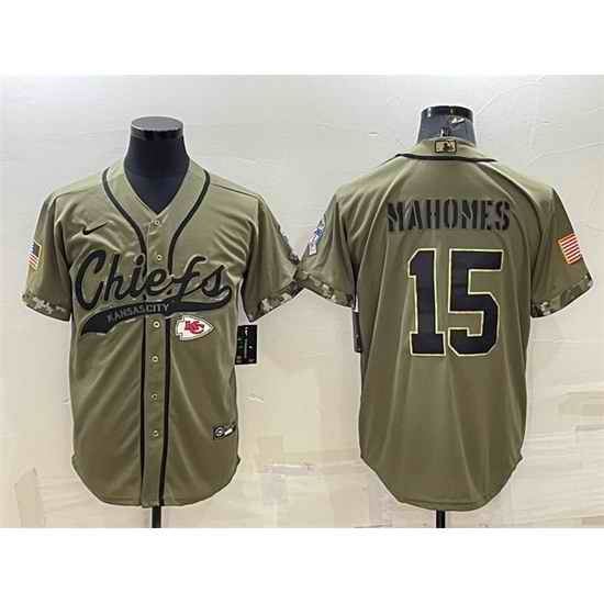 Men Kansas City Chiefs #15 Patrick Mahomes 2022 Olive Salute To Service Cool Base Stitched Baseball Jersey