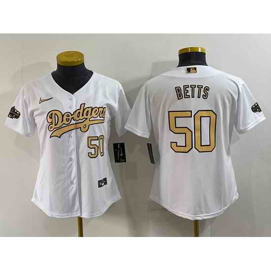 Women Los Angeles Dodgers #50 Mookie Betts 2022 All Star White Stitched Baseball Jersey 28Run Small 29