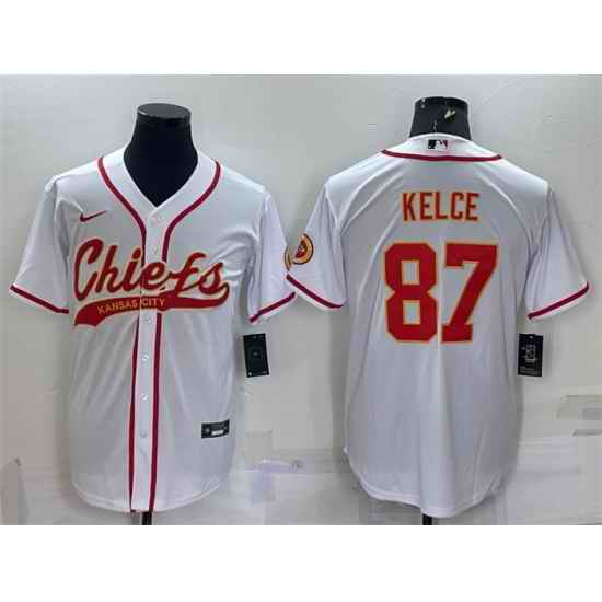 Men Kansas City Chiefs #87 Travis Kelce White With Patch Cool Base Stitched Baseball Jersey