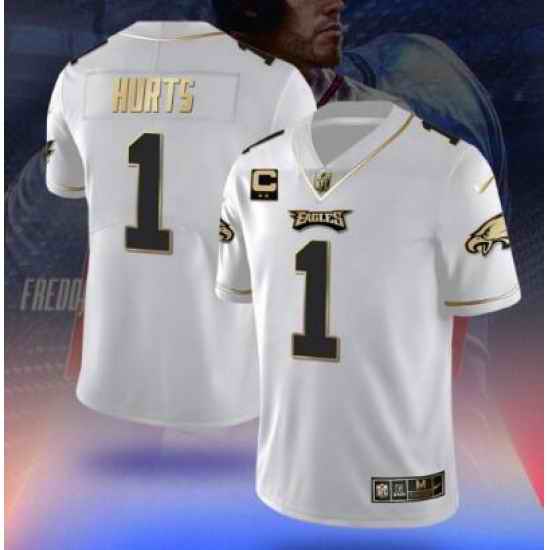 Men Philadelphia Eagles #1 Jalen Hurts White Gold Fashion Stitched Jersey