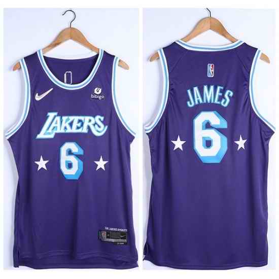 Men Los Angeles Lakers #6 LeBron James Bibigo Purple 75th Anniversary City Edition Stitched Jersey