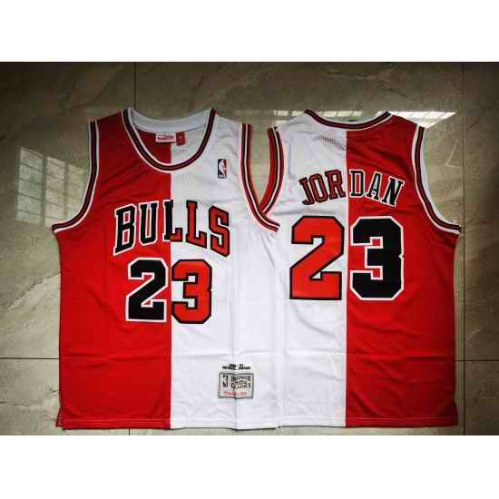 Men Chicago Bulls Michael Jordan #23 Red White Split Mitchells Ness Hardwood Classics NBA Jersey