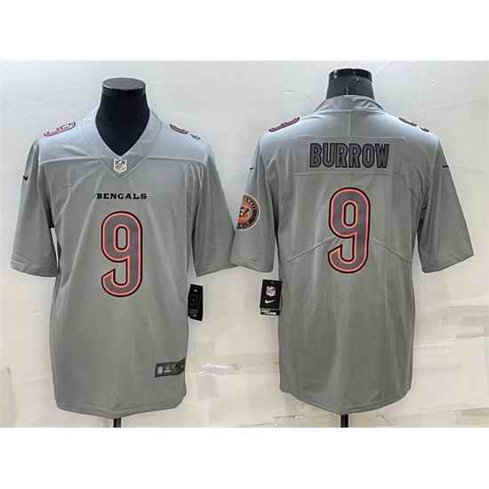 Men Cincinnati Bengals #9 Joe Burrow Gray With Patch Atmosphere Fashion Stitched Jersey