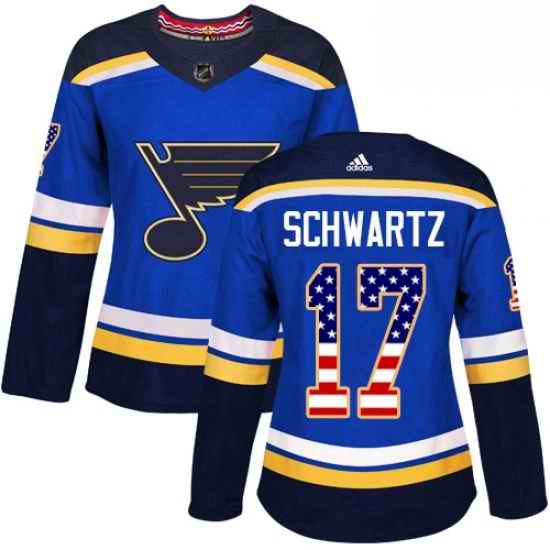 Womens Adidas St Louis Blues #17 Jaden Schwartz Authentic Blue USA Flag Fashion NHL Jersey