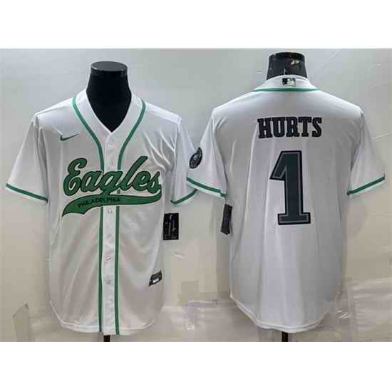 Men Philadelphia Eagles #1 Jalen Hurts White With Patch Cool Base Stitched Baseball Jersey