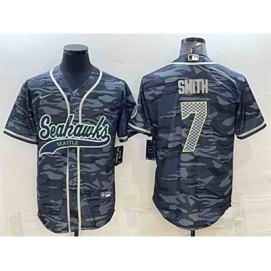 Men Seattle Seahawks #7 Geno Smith Grey Camo With Patch Cool Base Stitched Baseball Jersey
