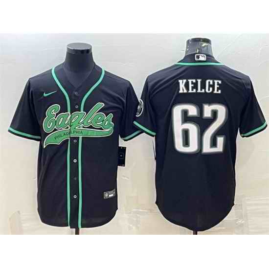 Men Philadelphia Eagles #62 Jason Kelce Black With Patch Cool Base Stitched Baseball Jersey