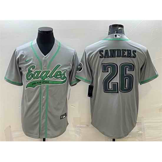 Men Philadelphia Eagles #26 Miles Sanders Gray With Patch Cool Base Stitched Baseball JerseyS