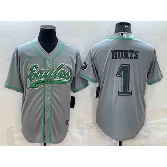 Men Philadelphia Eagles #1 Jalen Hurts Grey With Patch Cool Base Stitched Baseball Jerseys