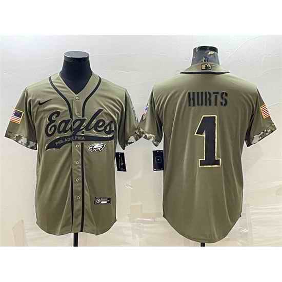 Men Philadelphia Eagles #1 Jalen Hurts Olive 2022 Salute To Service Cool Base Stitched Baseball Jersey