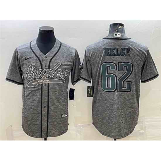 Men Philadelphia Eagles #62 Jason Kelce Gray With Patch Cool Base Stitched Baseball Jersey