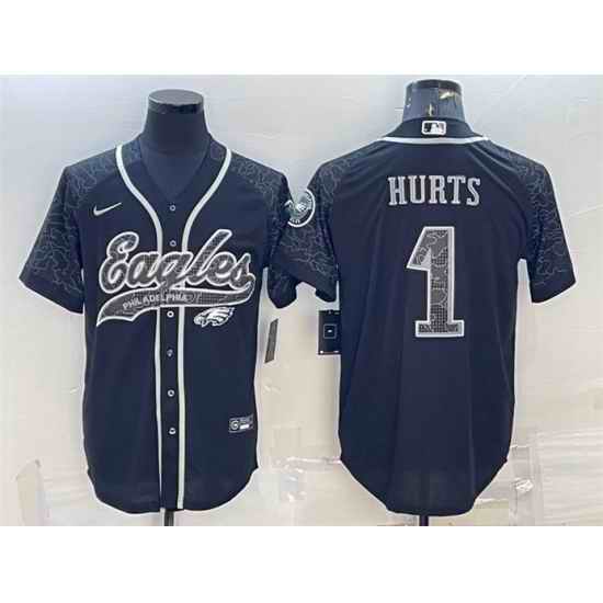 Men Philadelphia Eagles #1 Jalen Hurts Black Reflective With Patch Cool Base Stitched Baseball Jersey