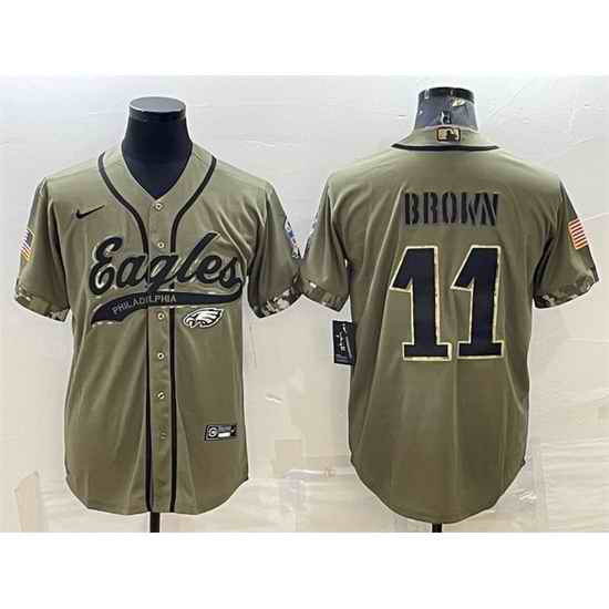 Men Philadelphia Eagles #11 A J  Brown Olive 2022 Salute To Service Cool Base Stitched Baseball Jersey