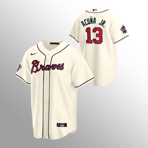 Atlanta Atlanta Braves #13 Ronald Acuna Jr. Men’s Nike 150th Anniversary 2021 World Series Game MLB Jersey – Cream Men’s->atlanta braves->MLB Jersey