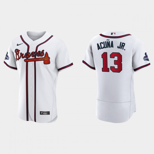 Atlanta Atlanta Braves #13 Ronald Acuna Jr. Men’s Nike 2021 World Series Champions Patch MLB Authentic Player Jersey – White Men’s->atlanta braves->MLB Jersey