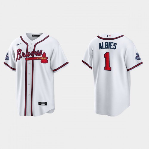 Atlanta Atlanta Braves #1 Ozzie Albies Men’s Nike 2021 World Series Champions Patch MLB Game Jersey – White Men’s->atlanta braves->MLB Jersey