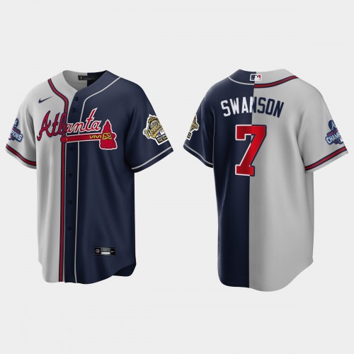 Atlanta Atlanta Braves #7 Dansby Swanson Men’s Nike 2021 World Series Champions 1995 Throwback Split Gray Navy MLB Stitched Jersey Men’s->atlanta braves->MLB Jersey