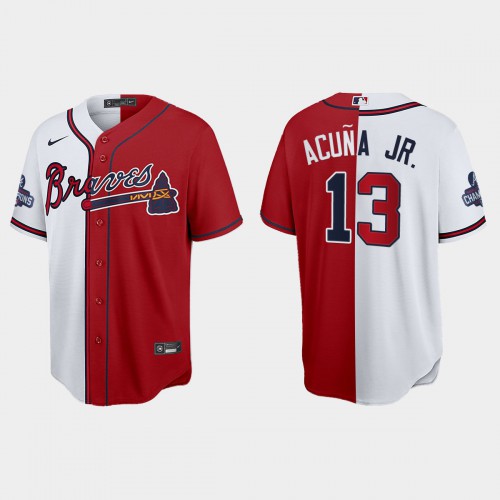 Atlanta Atlanta Braves #13 Ronald Acuna Jr. Men’s Nike 2021 World Series Champions Split Red White MLB Stitched Jersey Men’s->atlanta braves->MLB Jersey