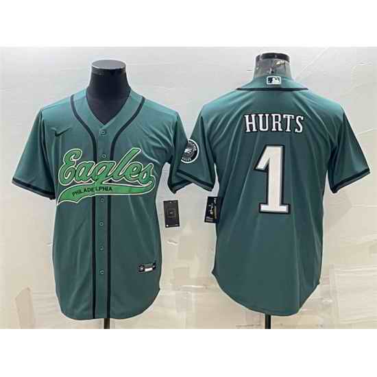 Men Philadelphia Eagles #1 Jalen Hurts Green With Patch Cool Base Stitched Baseball Jersey
