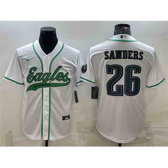 Men Philadelphia Eagles #26 Miles Sanders White With Patch Cool Base Stitched Baseball Jersey