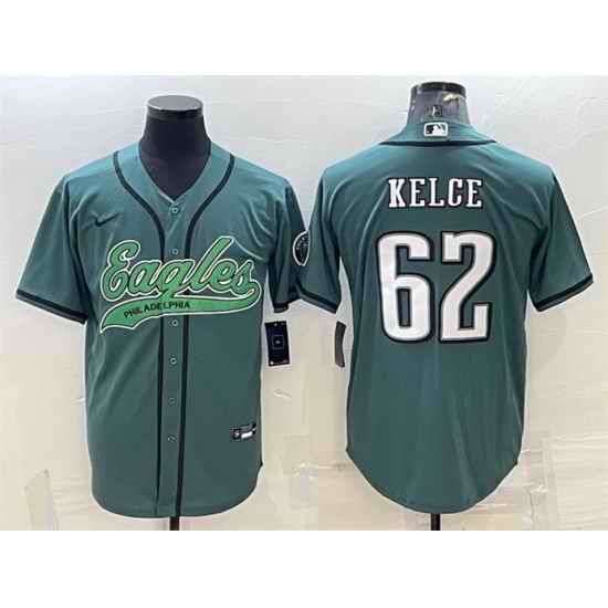 Men Philadelphia Eagles #62 Jason Kelce Green With Patch Cool Base Stitched Baseball Jersey