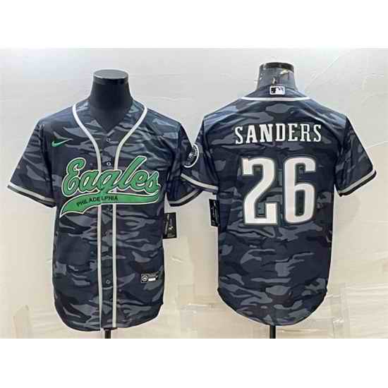 Men Philadelphia Eagles #26 Miles Sanders Grey Camo With Patch Cool Base Stitched Baseball Jersey