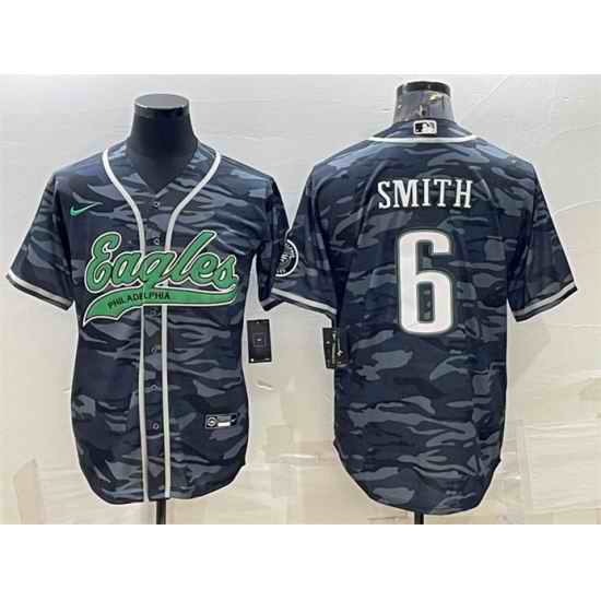 Men Philadelphia Eagles #6 DeVonta Smith Grey Camo With Patch Cool Base Stitched Baseball Jersey
