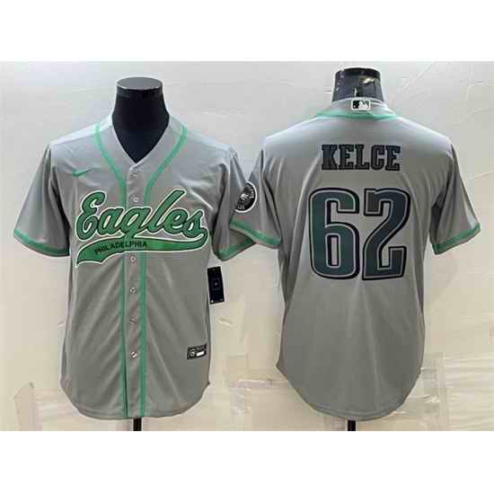 Men Philadelphia Eagles #62 Jason Kelce Gray With Patch Cool Base Stitched Baseball JerseyS