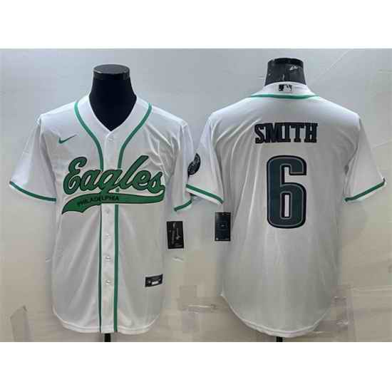 Men Philadelphia Eagles #6 DeVonta Smith White With Patch Cool Base Stitched Baseball Jersey