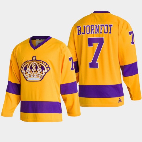 Adidas Los Angeles Kings #7 Tobias Bjornfot Team Classics Gold Men’s NHL 2022 Throwback Jersey Men’s->los angeles kings->NHL Jersey