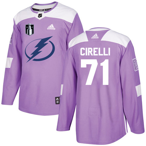 Adidas Tampa Bay Lightning #71 Anthony Cirelli Purple Authentic 2022 Stanley Cup Final Patch Fights Cancer Stitched NHL Jersey Men’s