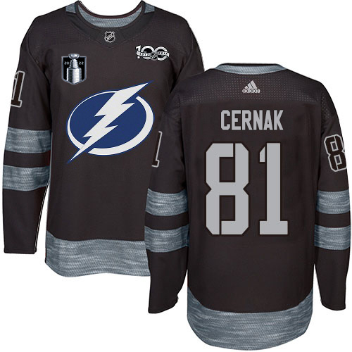 Adidas Tampa Bay Lightning #81 Erik Cernak Black 2022 Stanley Cup Final Patch 100th Anniversary Stitched NHL Jersey Men’s