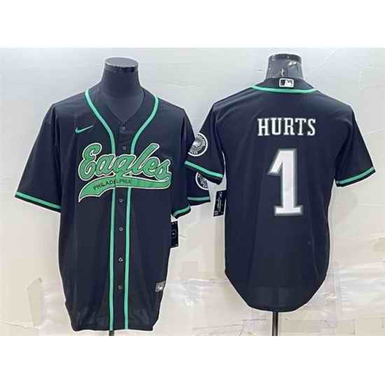 Men Philadelphia Eagles #1 Jalen Hurts Black With Patch Cool Base Stitched Baseball Jersey