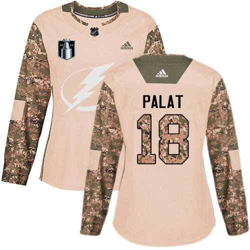 Adidas Tampa Bay Lightning #18 Ondrej Palat Camo Authentic 2022 Stanley Cup Final Patch Women’s Veterans Day Stitched NHL Jersey Womens->women nhl jersey->Women Jersey