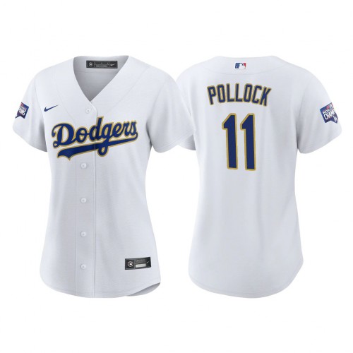 Los Angeles Los Angeles Dodgers #11 A.J. Pollock Women’s Nike 2021 Gold Program World Series Champions MLB Jersey Whtie Womens
