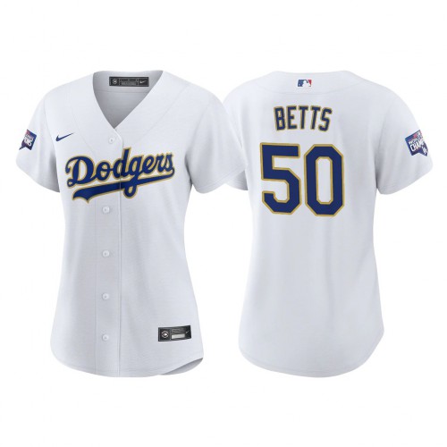 Los Angeles Los Angeles Dodgers #50 Mookie Betts Women’s Nike 2021 Gold Program World Series Champions MLB Jersey Whtie Womens